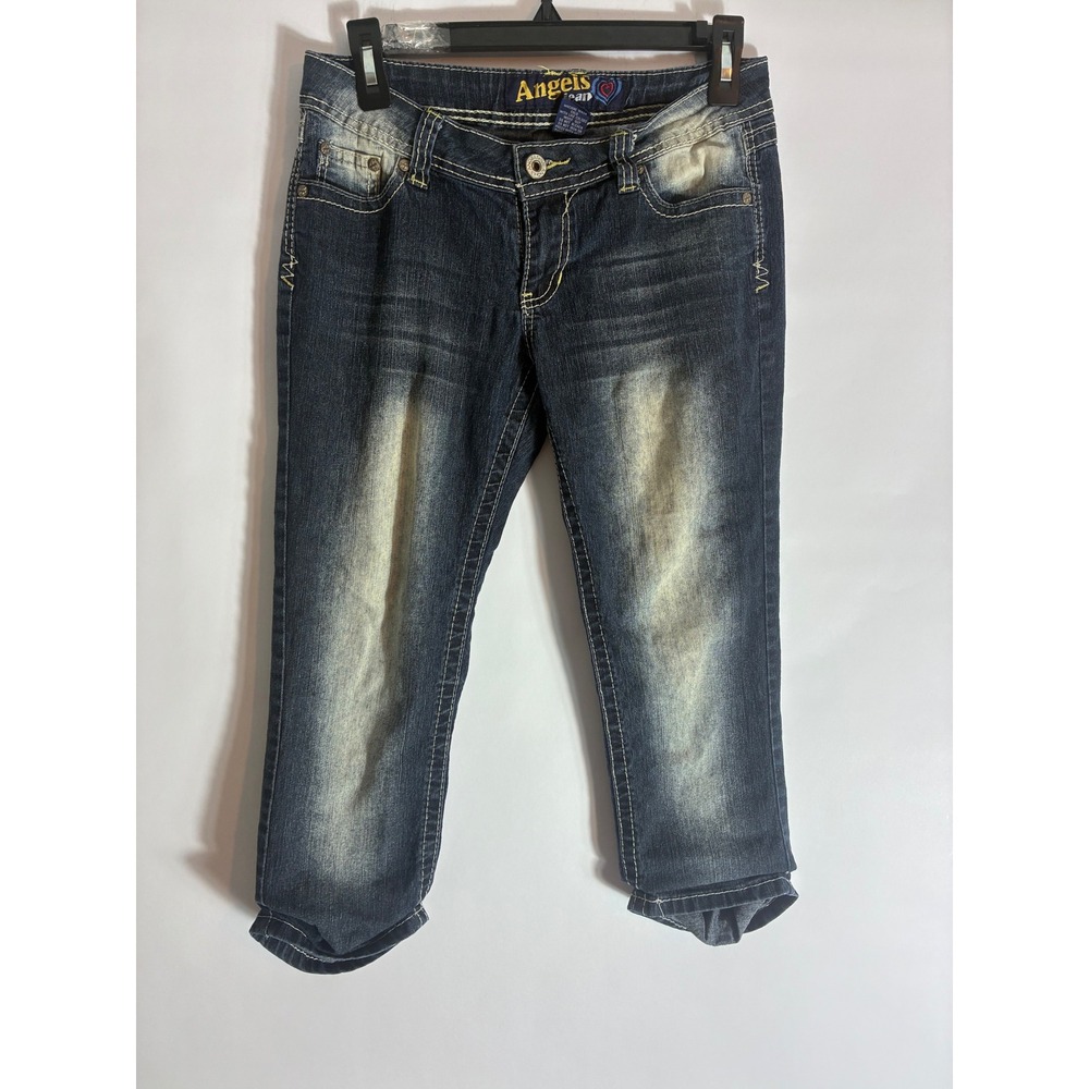 Angels Jeans Y2K Low Rise Rhinestone Embellished Capri Denim Dark Wash Size 7